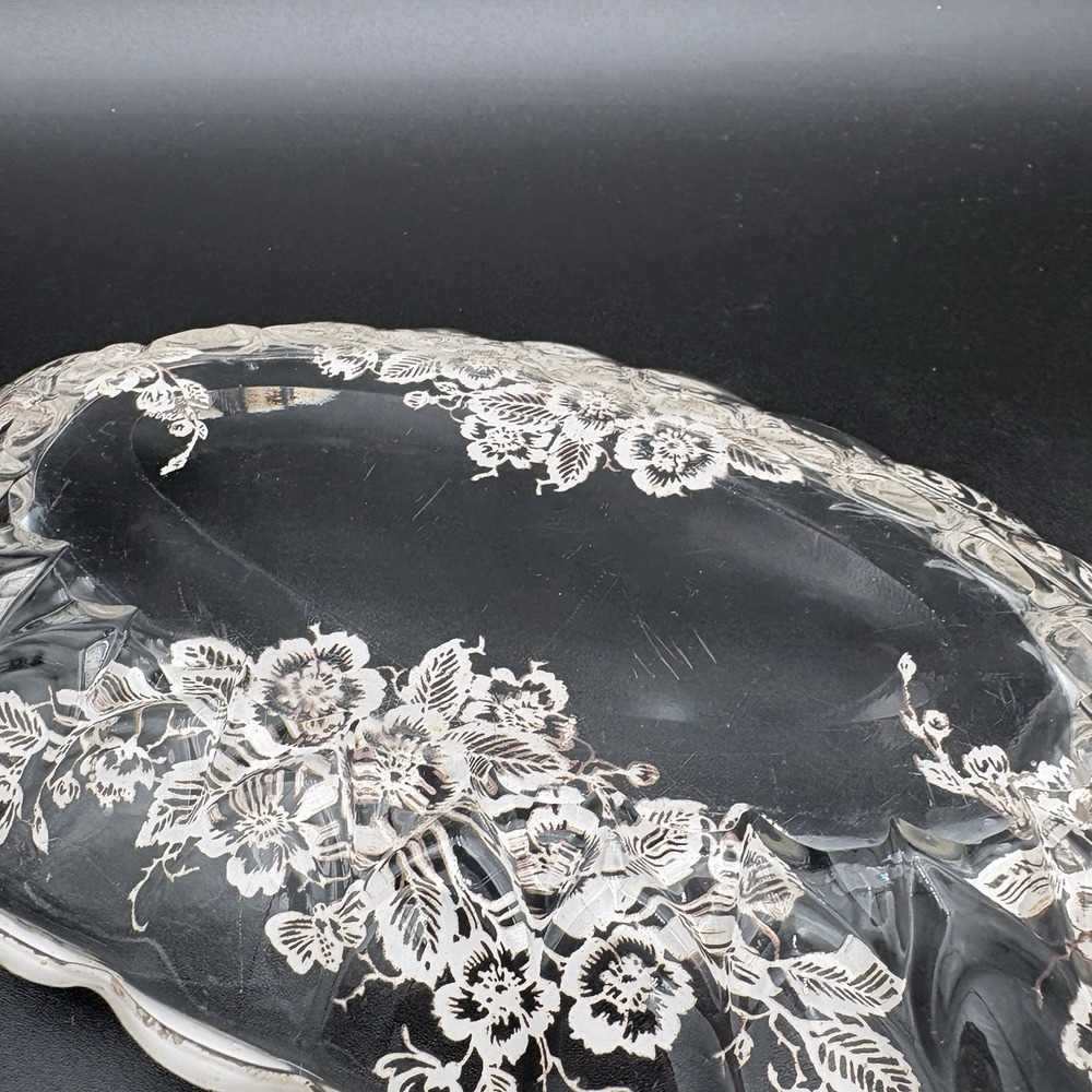 Set Silver City Glass Flanders Poppy Divided Relish & 11" Oval Dish Silver Leaf - Picture 5 of 14